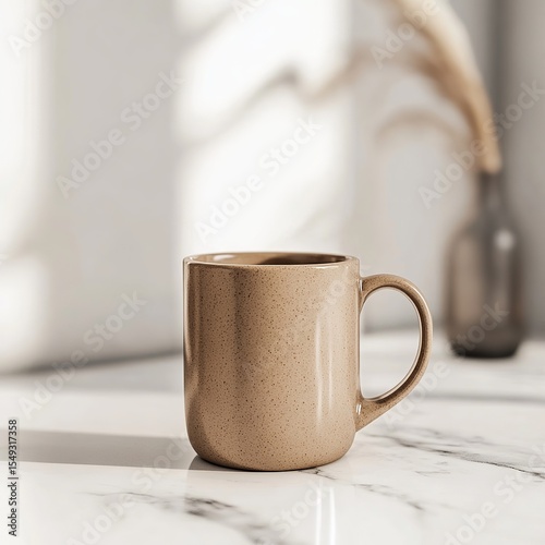Minimalist Beige Coffee Mug on Marble Countertop in Morning Light