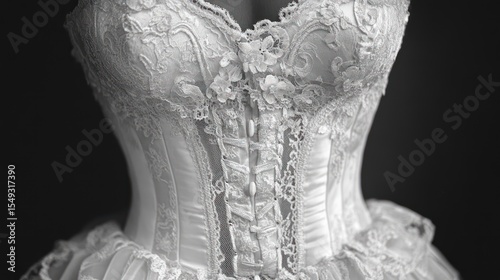 Lace corset wedding dress detail, dark background, bridal fashion