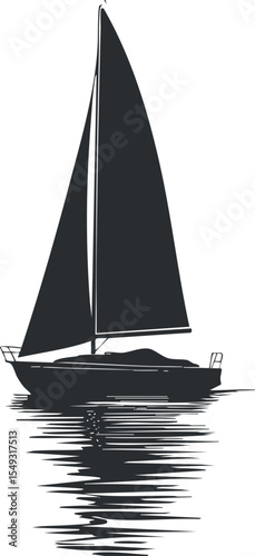 Black and white silhouette of a sailboat on calm water with clear reflection and tall sails