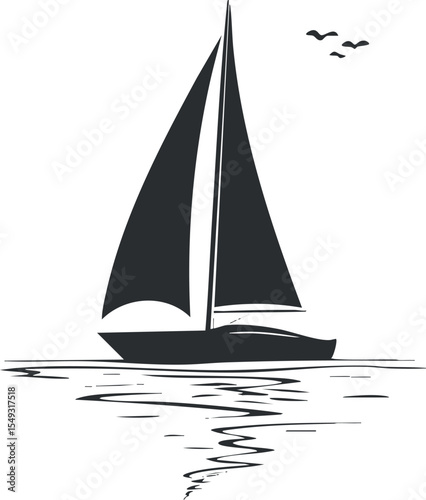 Black and white silhouette of a sailboat on calm water with birds flying in the sky