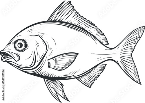 Detailed black and white illustration of a fish showing fins, scales, and tail in side profile.