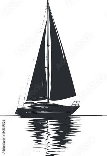 Black and white silhouette of a single mast sailboat on calm water with clear reflection