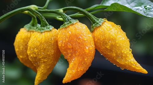 Rain-soaked yellow chili peppers on plant, close-up, botanical garden, food photography