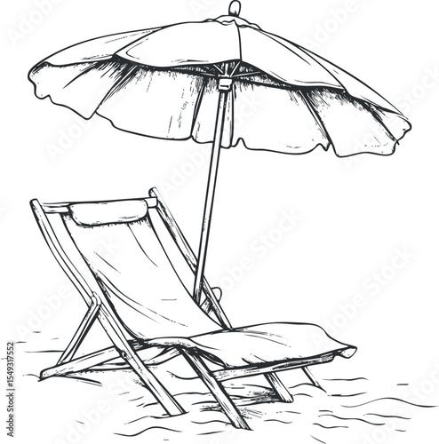 Black and white illustration of a beach deckchair with umbrella on sand for summer relaxation and vacation