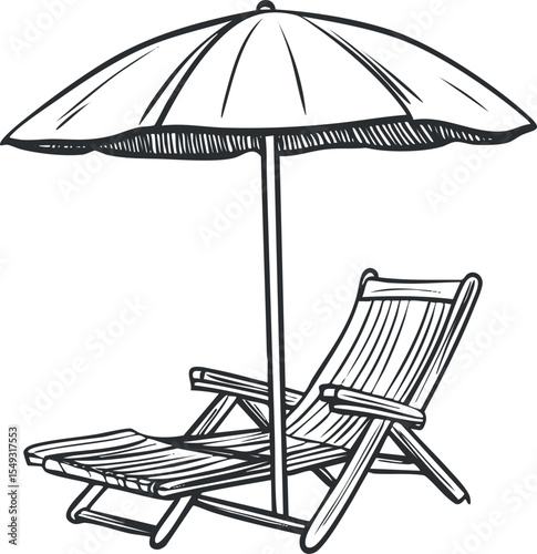 Black and white sketch illustration of a beach umbrella with a reclining wooden deckchair for outdoor relaxation and shade.