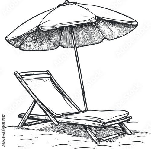 Hand-drawn illustration of a beach deckchair with a large umbrella for shade on sand, representing summer relaxation and vacation.