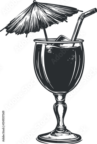 Black and white illustration of a cocktail drink in a glass with umbrella and straw for summer or party themes