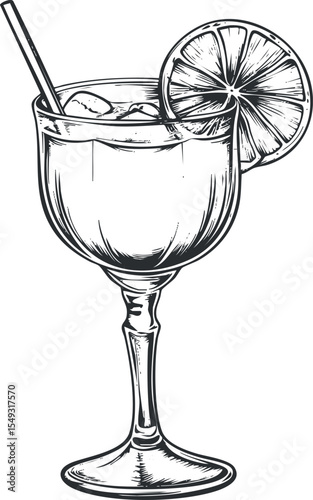 Hand drawn black and white illustration of a cocktail glass with ice, straw, and lemon slice garnish.