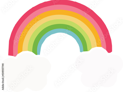 Colorful rainbow with fluffy white clouds isolated on transparent background