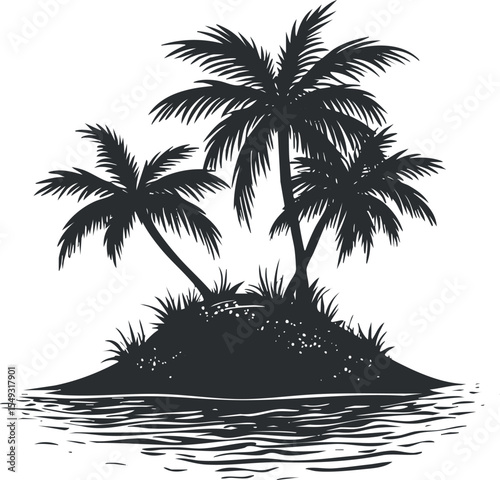 Silhouette of a tropical island with palm trees surrounded by water on a white background