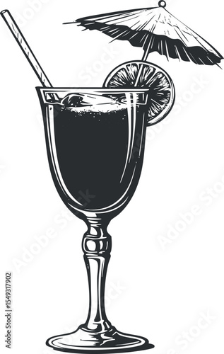 Black and white illustration of a cocktail glass with a straw, lemon slice, and umbrella garnish.