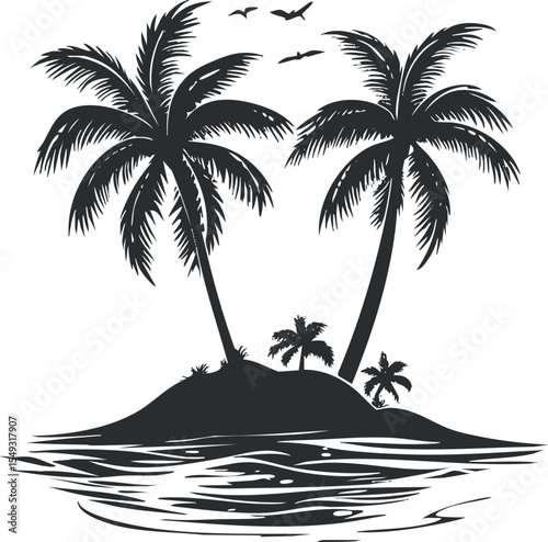 Black silhouette of a tropical island with palm trees and birds flying over the ocean surface.