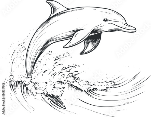 Black and white sketch of a dolphin jumping out of ocean waves capturing marine wildlife and motion