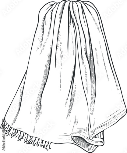 Black and white illustration of a folded towel hanging with fringes and visible fabric texture