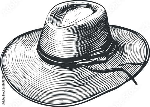 Hand drawn vintage style wide brim straw hat illustration for sun protection and fashion accessory