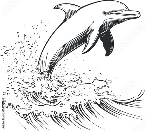 Black and white sketch of a dolphin jumping out of ocean waves with splashing water around