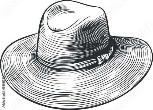 Hand-drawn vintage wide brim hat illustration with detailed line texture and classic style