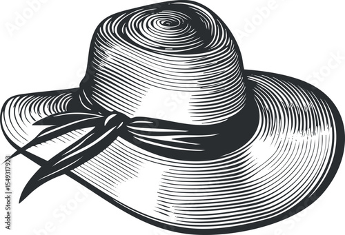 Illustration of a vintage wide brim hat with ribbon detail in black and white style