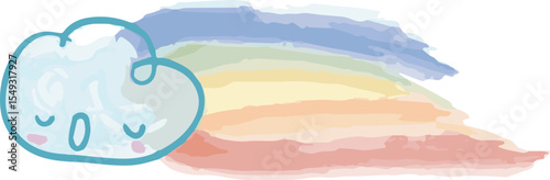 Cute sleeping cloud with watercolor rainbow isolated on transparent background
