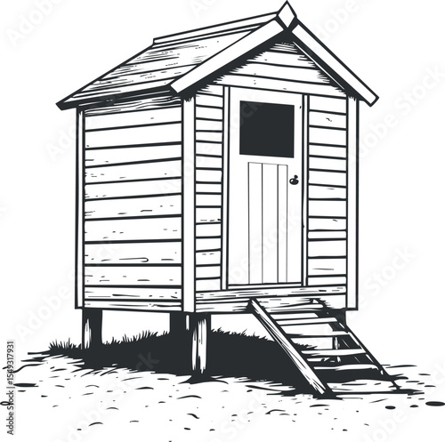 Black and white illustration of a small wooden shed with a door ramp and window, isolated on white background