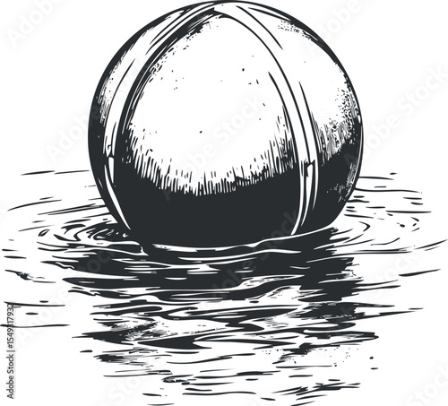 Black and white illustration of a ball floating on water with visible ripples and reflection