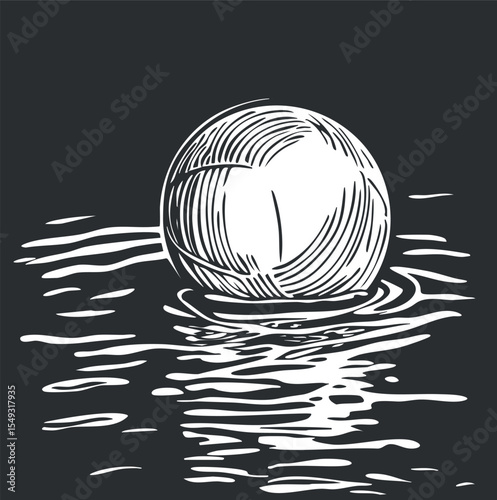 Black and white illustration of a round ball floating on water with ripples and reflections