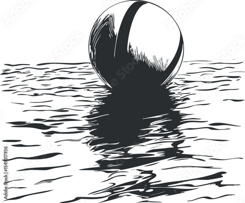 Black and white illustration of a ball floating on water with visible reflection and ripples