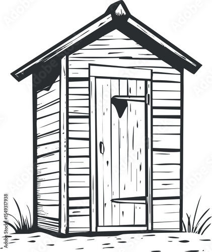 Black and white illustration of an old wooden outhouse with a closed door and simple roof