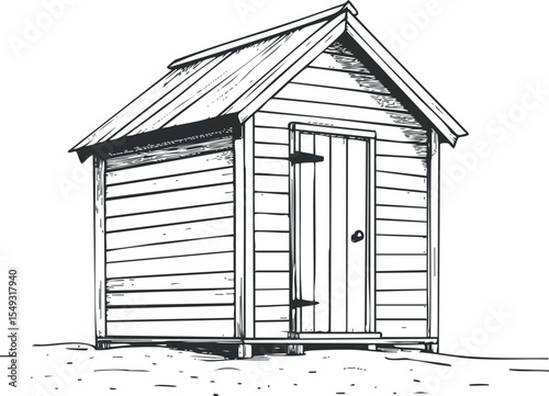 Black and white illustration of a small wooden shed with a pitched roof and a closed door