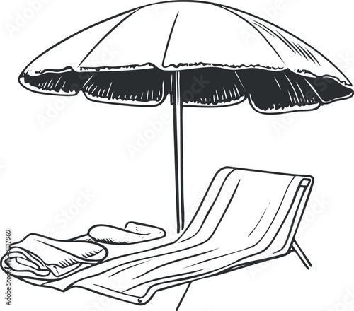 Black and white sketch of a beach lounge chair with a large umbrella and folded towel for relaxation