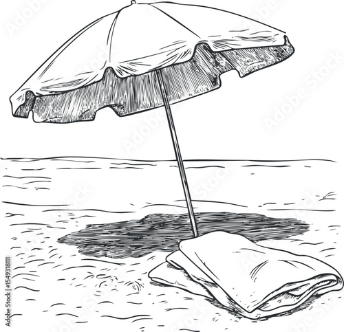 Black and white sketch of a beach umbrella with towel on sandy shore near calm sea