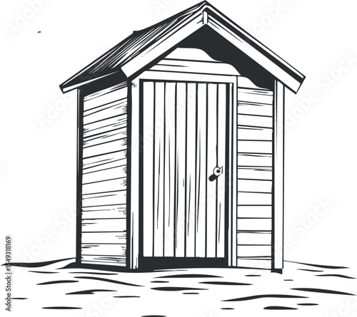 Black and white illustration of a small wooden outdoor shed with a pitched roof and closed door