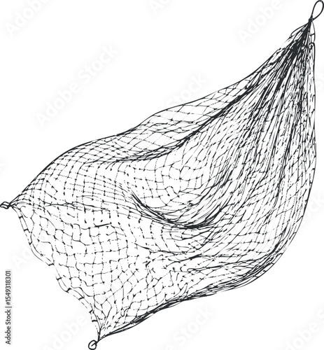 Black and white illustration of a knotted fishing net with detailed mesh pattern isolated on white background
