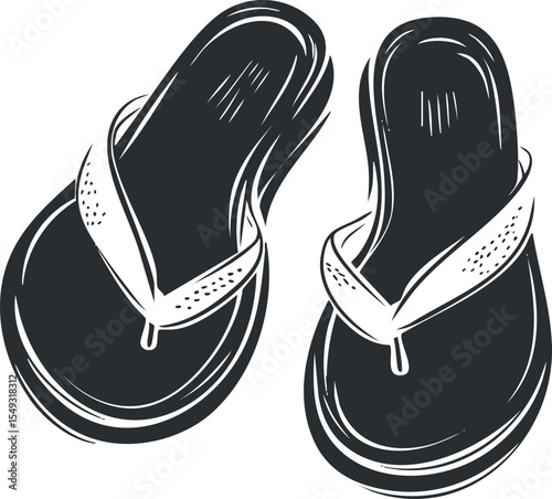 Black and white illustration of a pair of flipflops sandals suitable for summer casual wear and beach outings