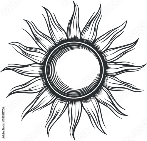 Black and white hand-drawn sun with wavy rays and circular center, symbolic and decorative design.