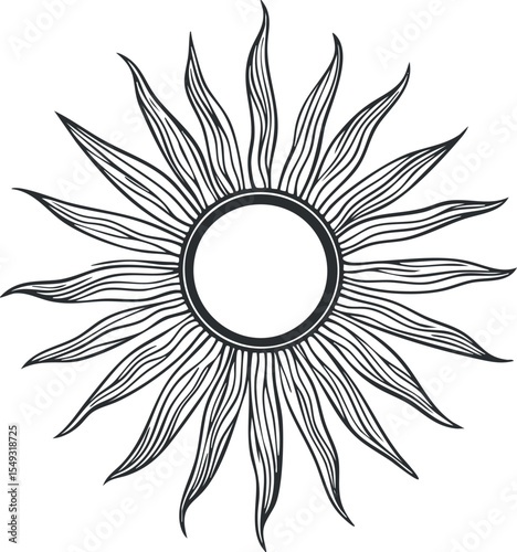 Black and white stylized sun illustration with elongated wavy rays and circular center
