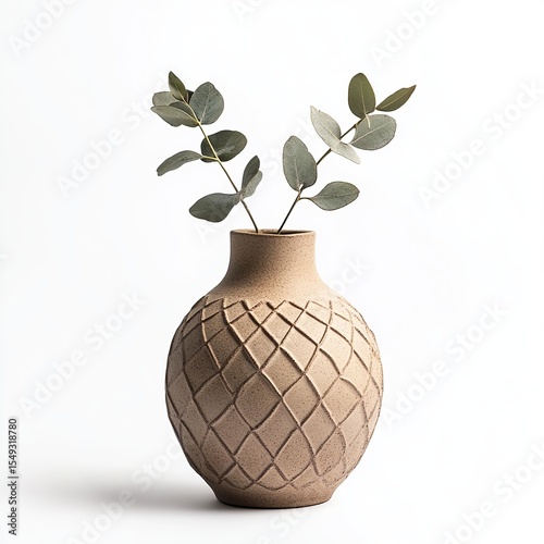 Textured Ceramic Vase with Eucalyptus Branches on White Background – Minimalist Home Decor