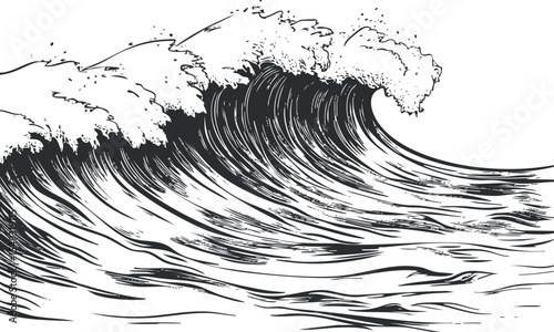 Black and white illustration of a powerful ocean wave with splashing foam and dynamic water motion.