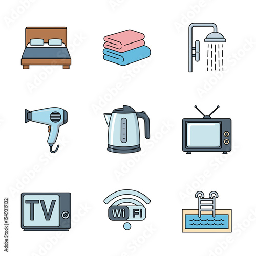 Hotel Amenities Icons Bed, Towels, Shower, Hairdryer, Kettle, TV, Wi-Fi, Pool