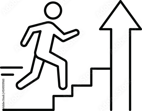 Person running up stairs towards upward arrow, symbolizing progress and ambition.