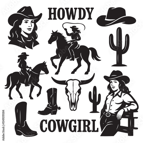 Western vector graphic set featuring cowgirls, horses, cacti, skulls, hats, boots, and "Howdy" & "Cowgirl" typography. 
Perfect for stickers, t-shirt designs vector silhouette
