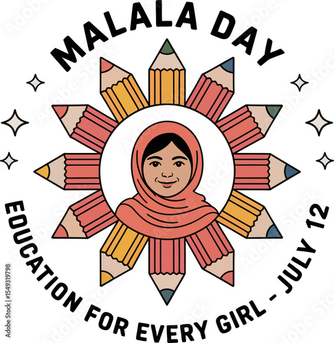 Round symbol with Malala portrait and radiating books enhanced with education for every girl slogan  