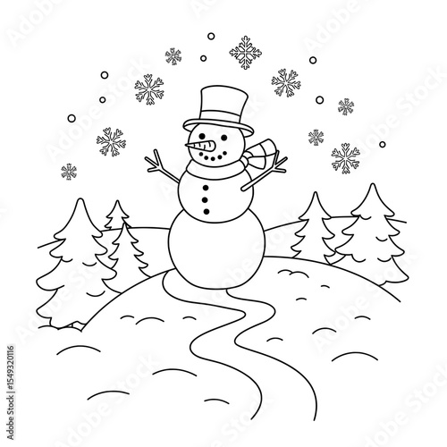 Line drawing of a snowman wearing a hat and scarf, with snowflakes and trees in the background