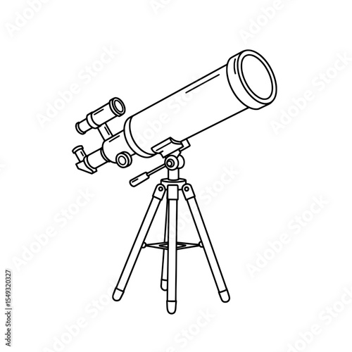 A detailed line drawing of a classic telescope on a tripod for observing stars, planets