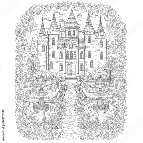 Ornate castle with turrets, detailed architecture, and a floral frame in a monochrome illustration