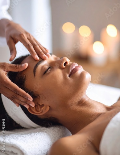 African American woman enjoying a relaxing face massage in a serene spa atmosphere.