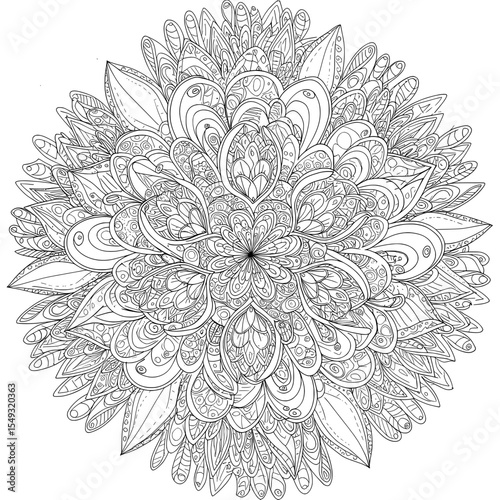 intricate floral mandala design with delicate shapes and lines; detailed coloring page