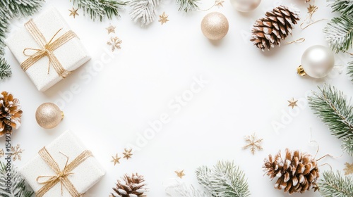 White Christmas gifts, ornaments, pine cones, branches, flat lay, festive background, holiday card