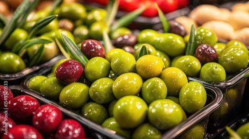 Market olives display, green, black, red, produce, sale, food, background, healthy