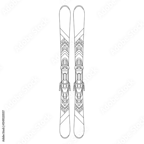 Two skis with bindings are outlined in detail and design, ready for winter sports